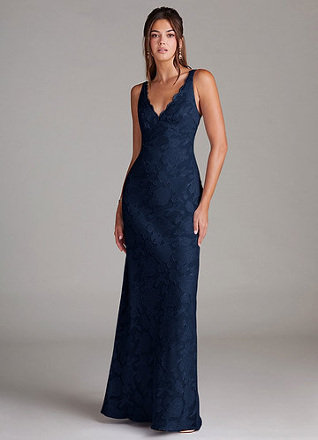 Azazie Tianna Bridesmaid Dresses Dark Navy Sheath Lace Floral Burnout Dress image1