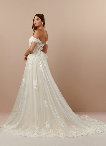 Azazie Botanica Wedding Dresses Diamond White Champagne A-Line Off the Shoulder Tulle Dress image1