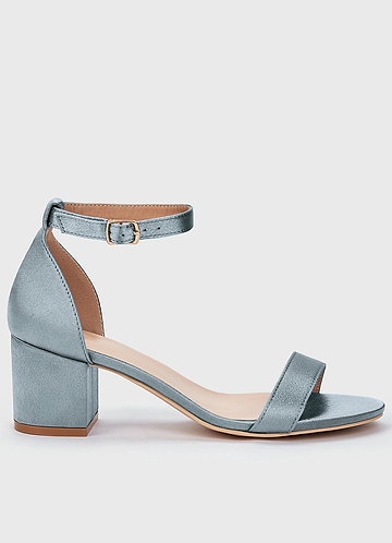 front Matching Color Metallic Satin One Strap Buckle Block Low Heel Sandals