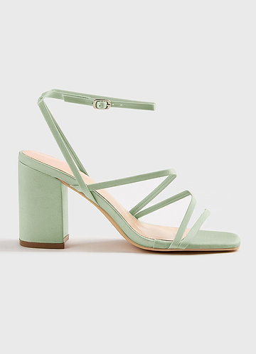 front Matching Color Matte Satin Ankle Strap Block Heel Sandals