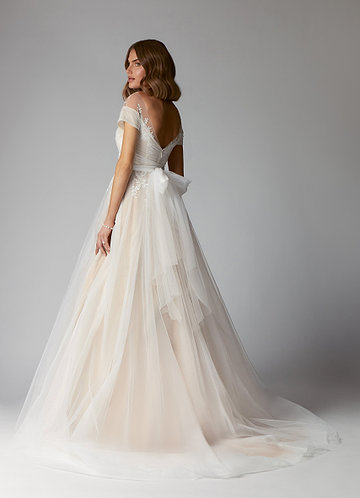 Azazie Cindy Wedding Dresses Diamond White Champagne A-Line Illusion Off-The-Shouler Lace Tulle Dress image1