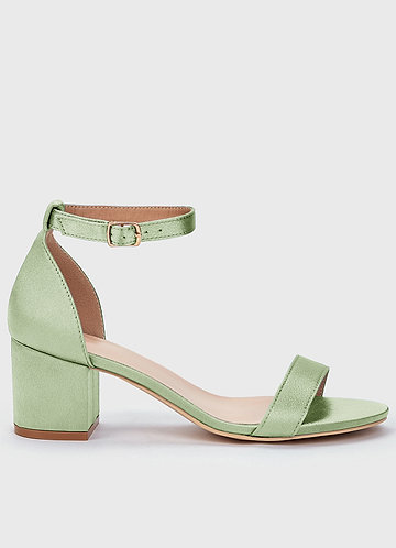 front Matching Color Metallic Satin One Strap Buckle Block Low Heel Sandals