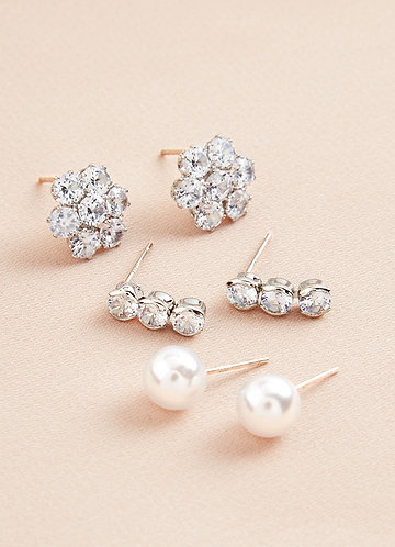 front Three-Piece Rhinestone and Pearl Stud Set