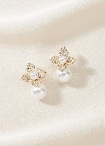 front Crystal Flower and Pearl Drop Earrings