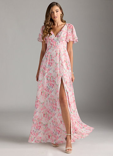 Azazie Kimber Bridesmaid Dresses Abstract Watercolor Floral A-Line Flounce Sleeve Chiffon Dress image1