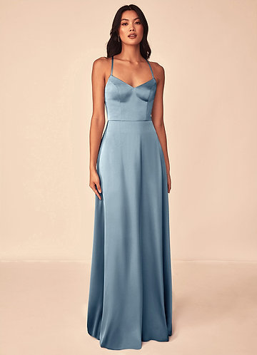 Azazie Mei Bridesmaid Dresses Dusty Blue A-Line V-Neck Stretch Satin Dress image1