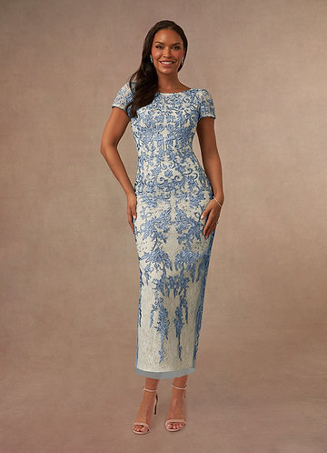 Azazie Alyssum Mother of the Brides Dresses Dusty Blue Sheath Scoop Lace Dress image1