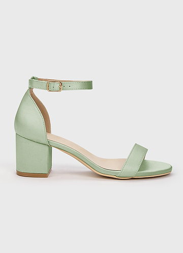 front Matching Color Matte Satin One Strap Buckle Block Low Heel Sandals