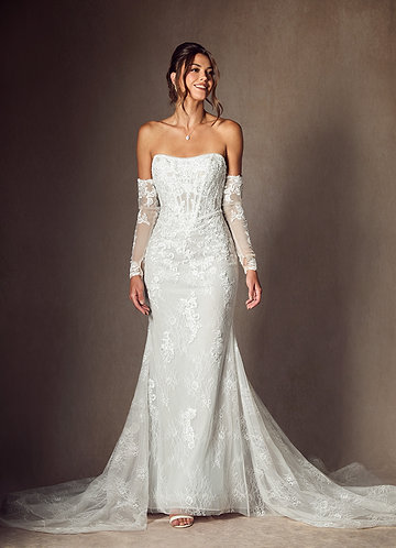 Azazie Caitlin Wedding Dresses Diamond White Mermaid Strapless Lace Dress image1