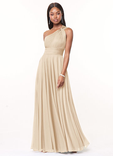 Azazie Charlize Bridesmaid Dresses Champagne A-Line One Shoulder Mesh Dress image1