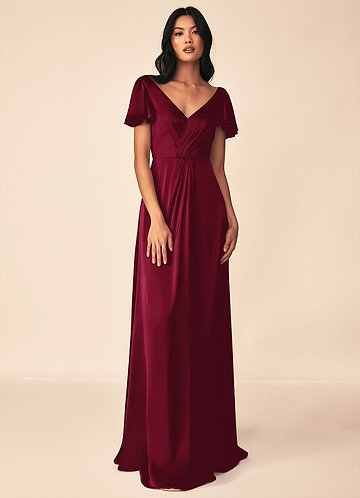 Azazie Soren Bridesmaid Dresses Burgundy A-Line Pleated Stretch Satin Dress image1