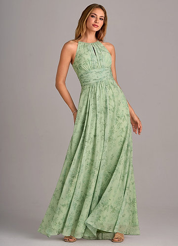 Azazie Bonnie Bridesmaid Dresses Green Fern Floral A-Line Keyhole Ruched Chiffon Dress image1