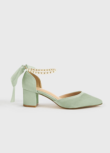 front Matching Color Matte Satin Pearl and Bow Pointed Toe Block Heels