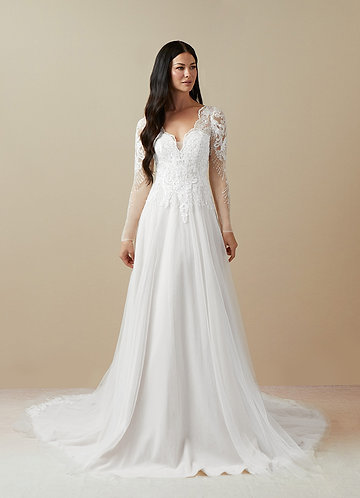 Azazie Essy Wedding Dresses Diamond White A-Line V-Neck Sequins Tulle Dress image1