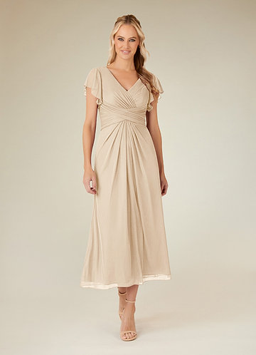 Azazie Vera Mother of the Brides Dresses Champagne A-Line V-Neck Pleated Mesh Dress image1
