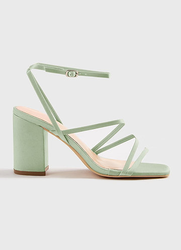 front Matching Color Matte Satin Ankle Strap Block Heel Sandals