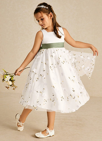 Azazie Pollie Flower Girl Dresses Ivory Pistachio A-Line Bow Tulle Dress image1